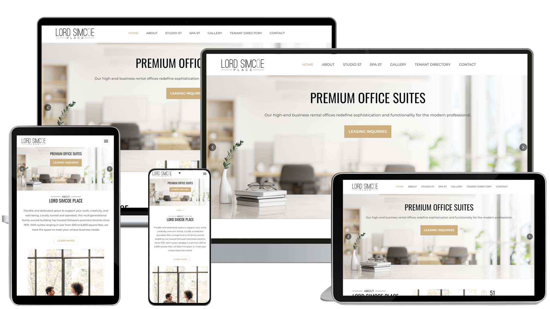 Responsive design of Lord Simcoe Place website displayed on desktop, laptop, mobile phone, and tablet screens.