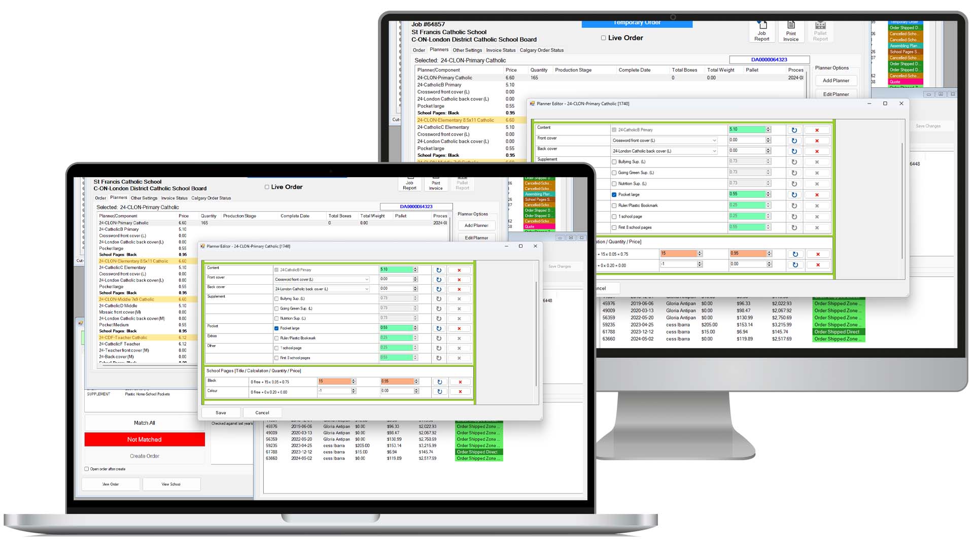 Screen shot of custom Windows software designed for managing production at a printing company.
